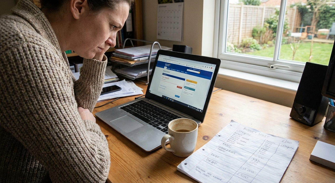 A person at a home desk reviewing a bank account balance on a laptop next to a coffee mug and a handwritten budget sheet, realistic photo