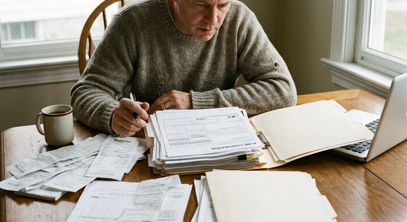 A person at a home desk sorting tax paperwork with a W-2 form visible on top, realistic photo