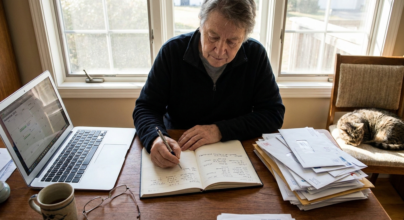 A person at a home desk writing dates in a notebook next to a laptop and a stack of mail, natural light, realistic photography