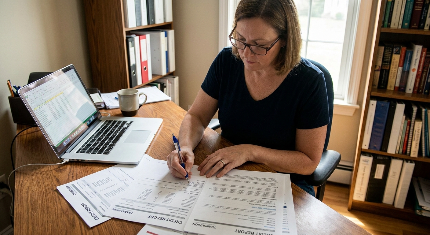 A person at a home office desk reviewing printed credit report pages with a pen and a laptop nearby, realistic photography