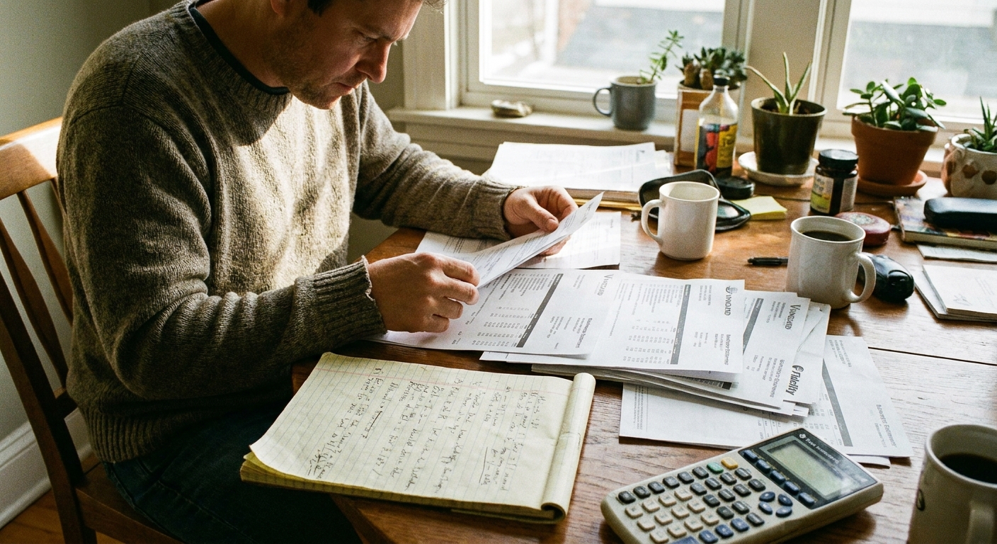 A person at a home office desk sorting printed brokerage statements and a notepad with a calculator nearby, candid real photo style