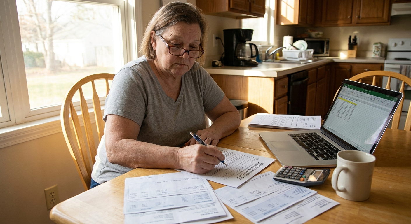 A person at a kitchen table filling out a hospital financial assistance application next to pay stubs and a laptop, natural light photo
