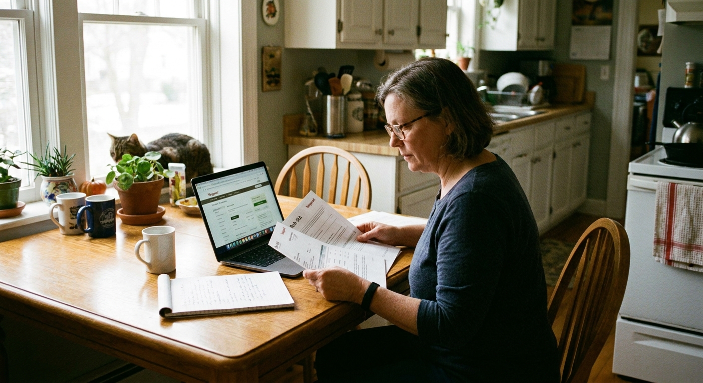 A person at a kitchen table reviewing Roth IRA account paperwork next to a laptop and a notebook, natural window light, real-life photography style