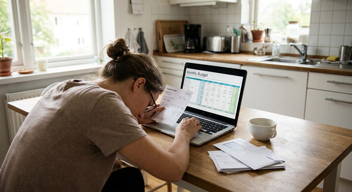 A person at a kitchen table reviewing a paycheck stub and budgeting on a laptop with a cup of coffee nearby, realistic photo