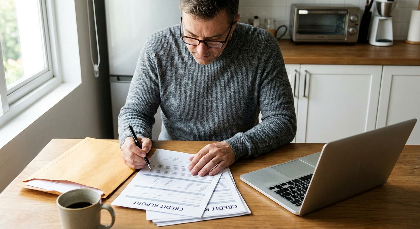 A person at a kitchen table reviewing a printed credit report with a pen, an envelope, and a laptop nearby, real-life photo