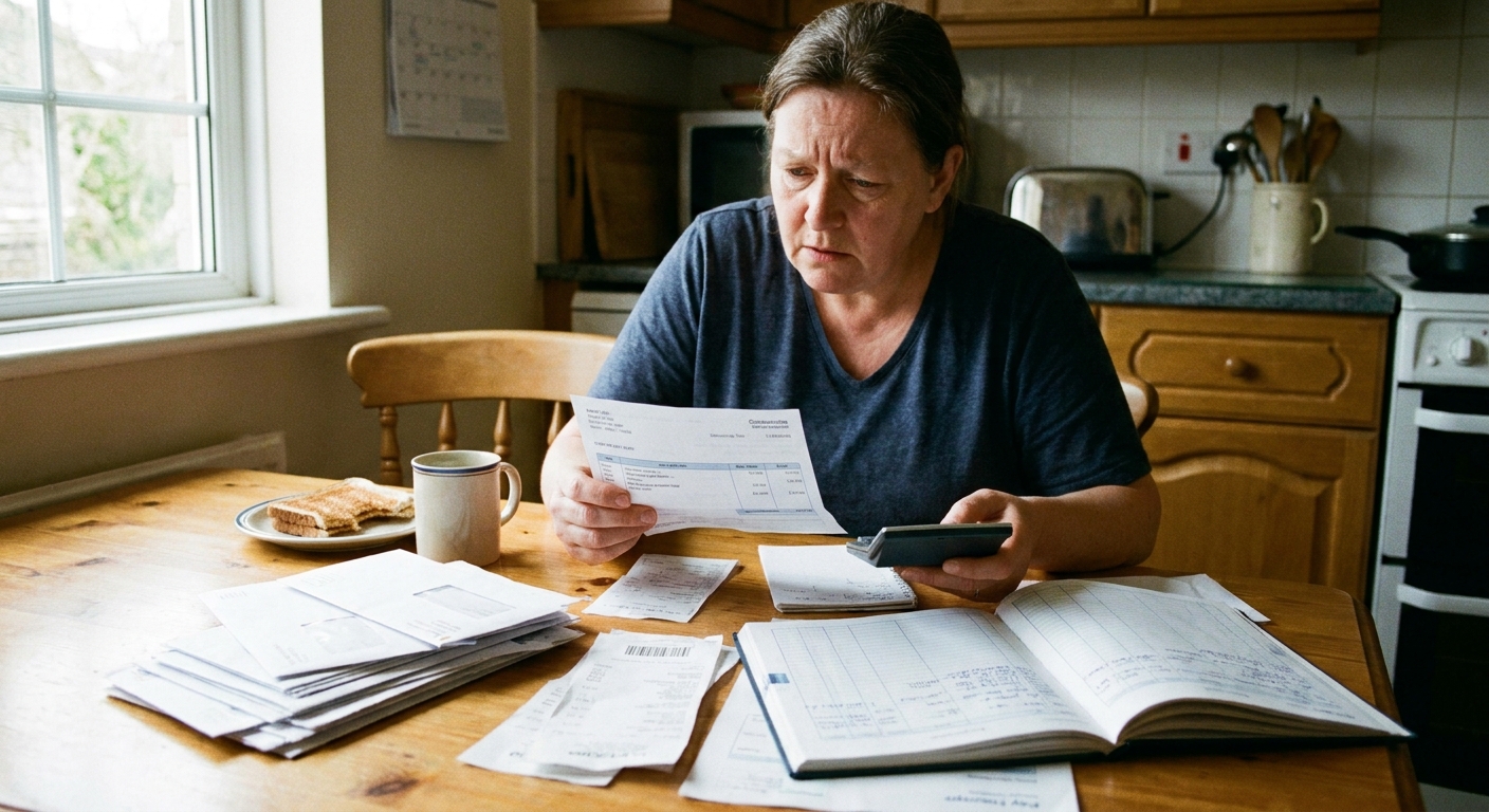 A person at a kitchen table reviewing a recent pay stub with a calculator and paperwork, candid real-life photography style