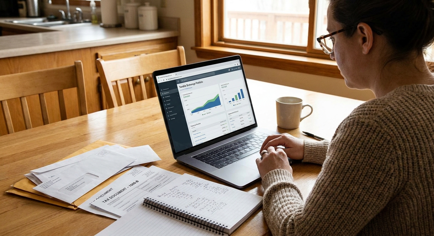 A person at a kitchen table reviewing a taxable brokerage account portfolio on a laptop with papers and a notebook nearby, realistic photo