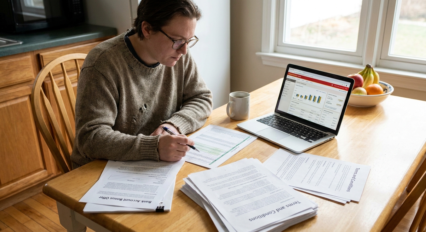 A person at a kitchen table reviewing bank account bonus paperwork and a laptop showing an online banking dashboard, realistic indoor photo