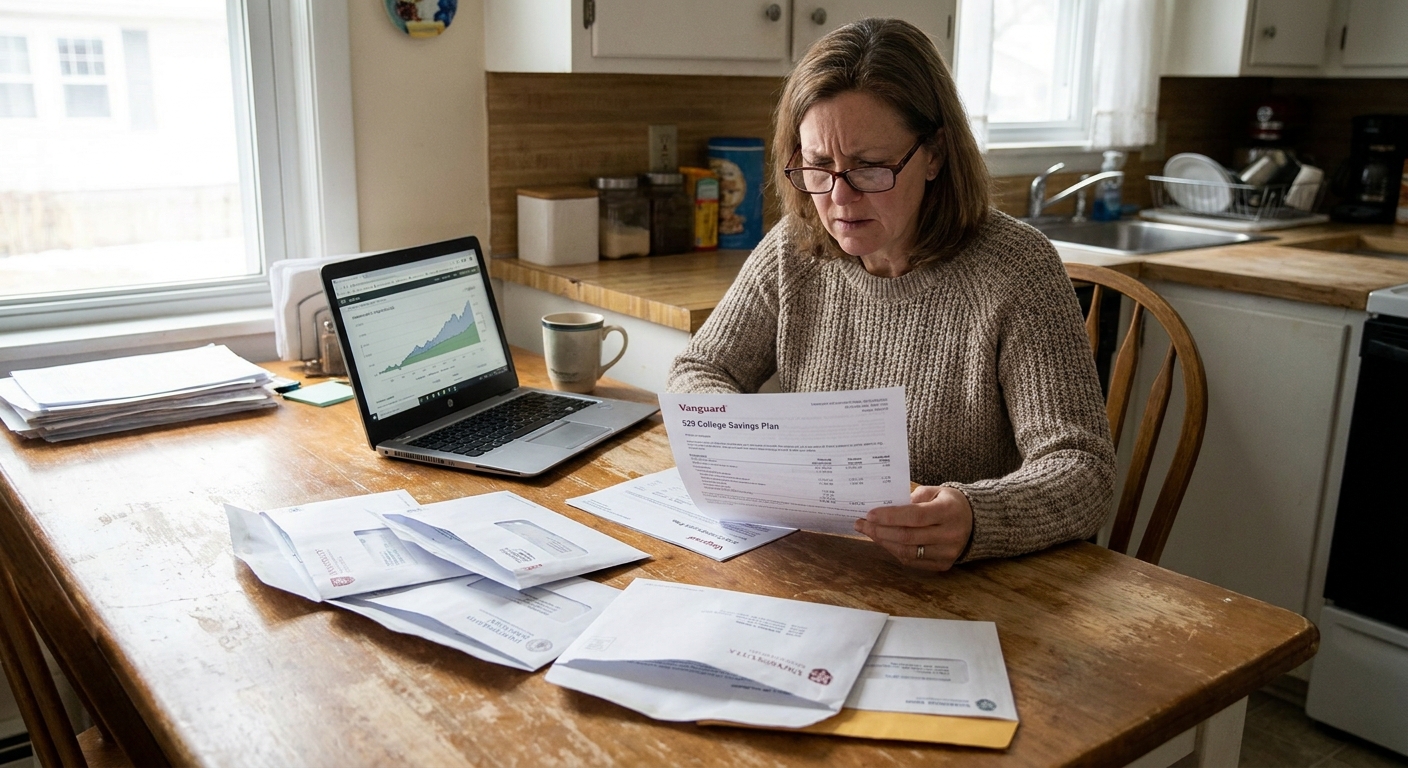 A person at a kitchen table reviewing college tuition bills and a 529 plan account statement next to a laptop, realistic indoor photography