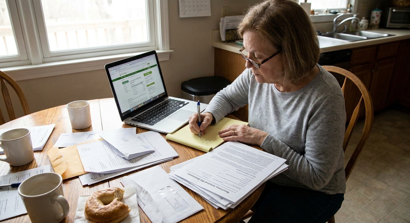 A person at a kitchen table reviewing inherited IRA paperwork with a laptop and a notepad, realistic candid photo