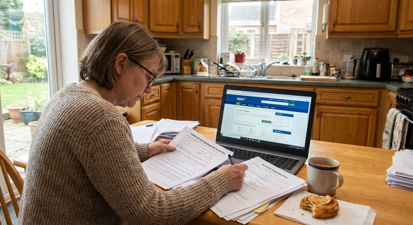 A person at a kitchen table reviewing inherited IRA paperwork and a beneficiary form next to a laptop and a cup of coffee, realistic indoor photo