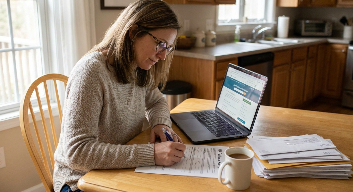 A person at a kitchen table signing retirement account rollover paperwork with a laptop and a stack of mail nearby, natural light, real photo