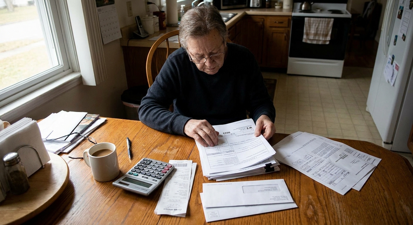 A person at a kitchen table sorting a W-2 form and other tax documents next to a calculator, realistic photography style