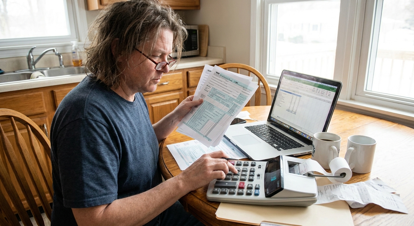 A person at a kitchen table using a calculator and reviewing tax documents next to a laptop, realistic photography