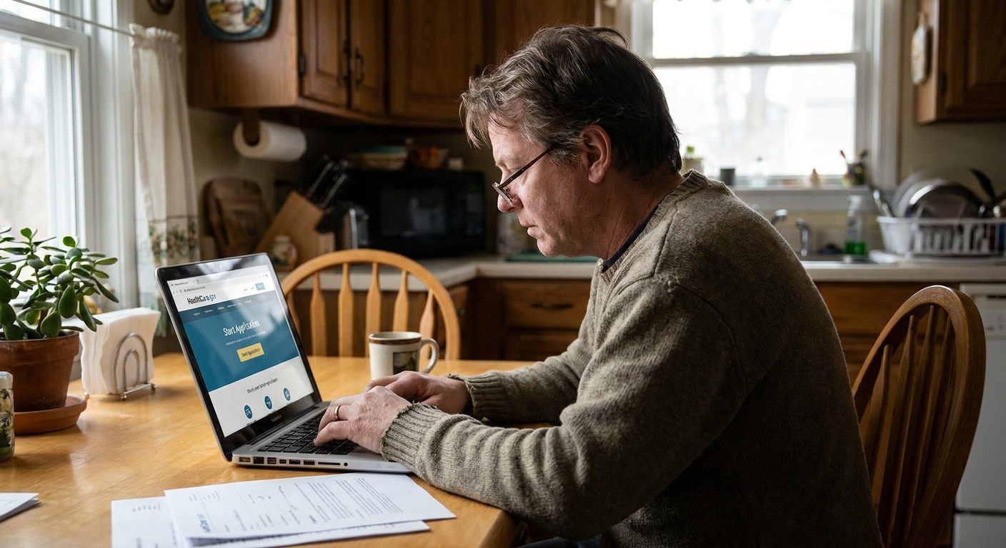 A person at a kitchen table using a laptop to complete a HealthCare.gov Marketplace application at home, natural light, realistic photography style