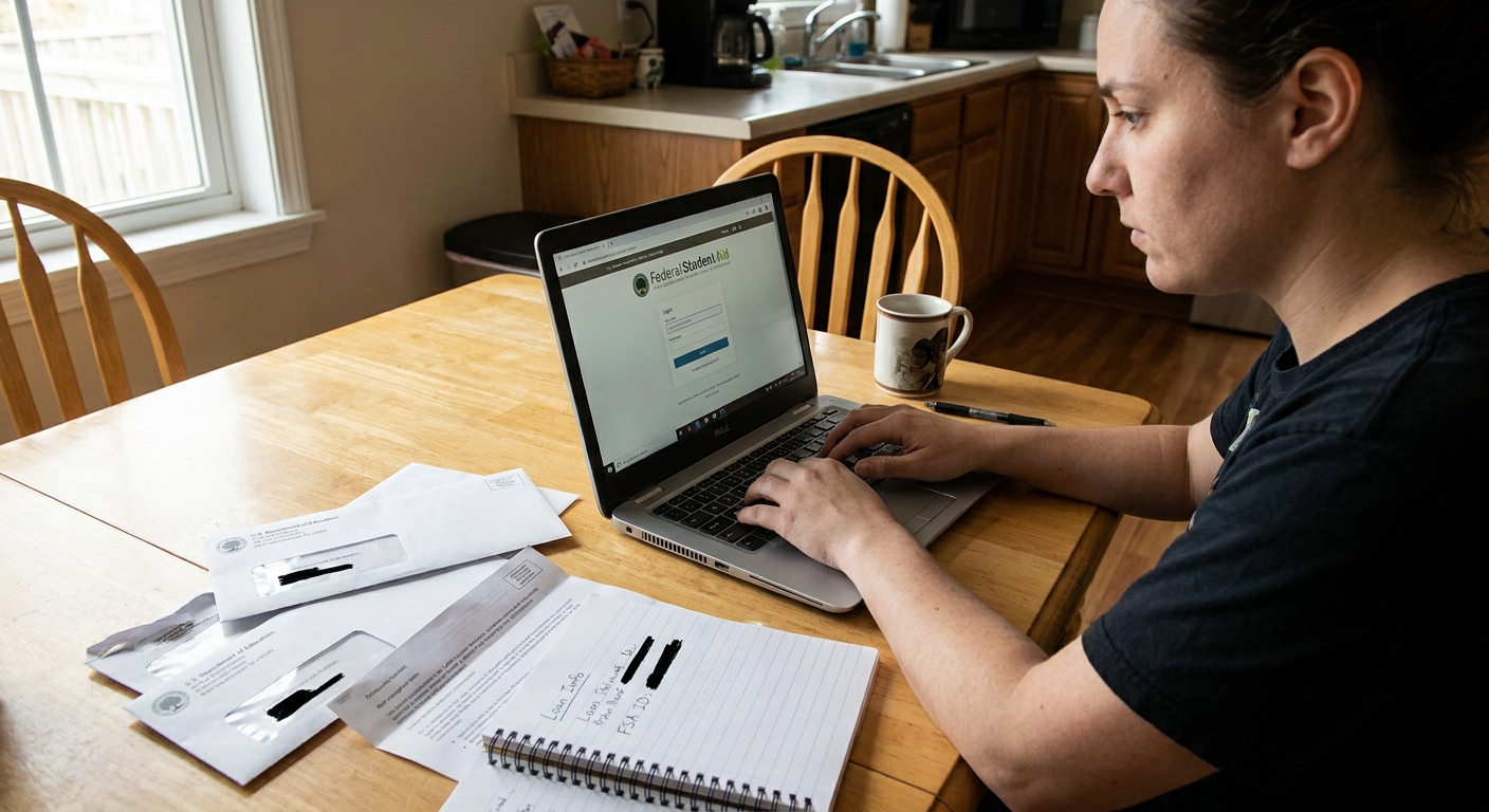 A person at a kitchen table using a laptop to log in to a federal student aid account, with student loan letters and a notebook nearby, realistic photo