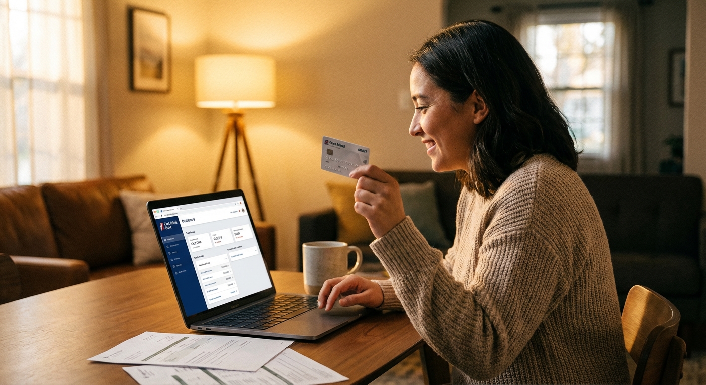 A person at home holding a debit card while looking at a laptop banking dashboard, realistic photo with warm indoor lighting