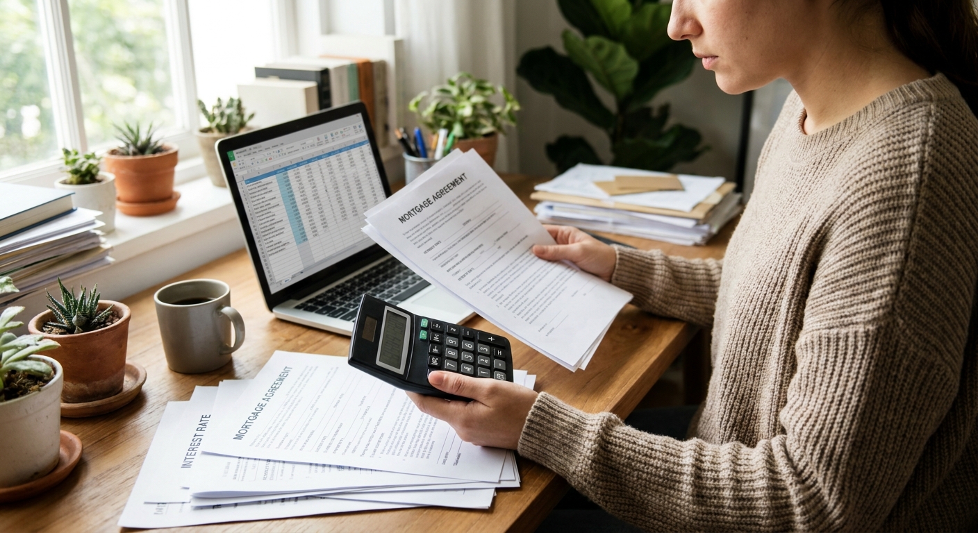 A person at home holding printed loan documents while checking numbers on a calculator next to a laptop, realistic photograph