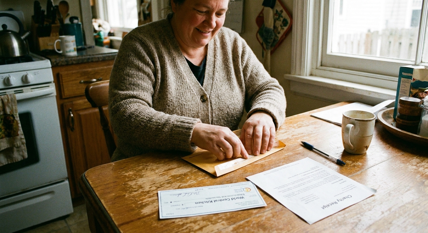 A person at home sealing an envelope with a donation check and a receipt on the table, realistic photography style