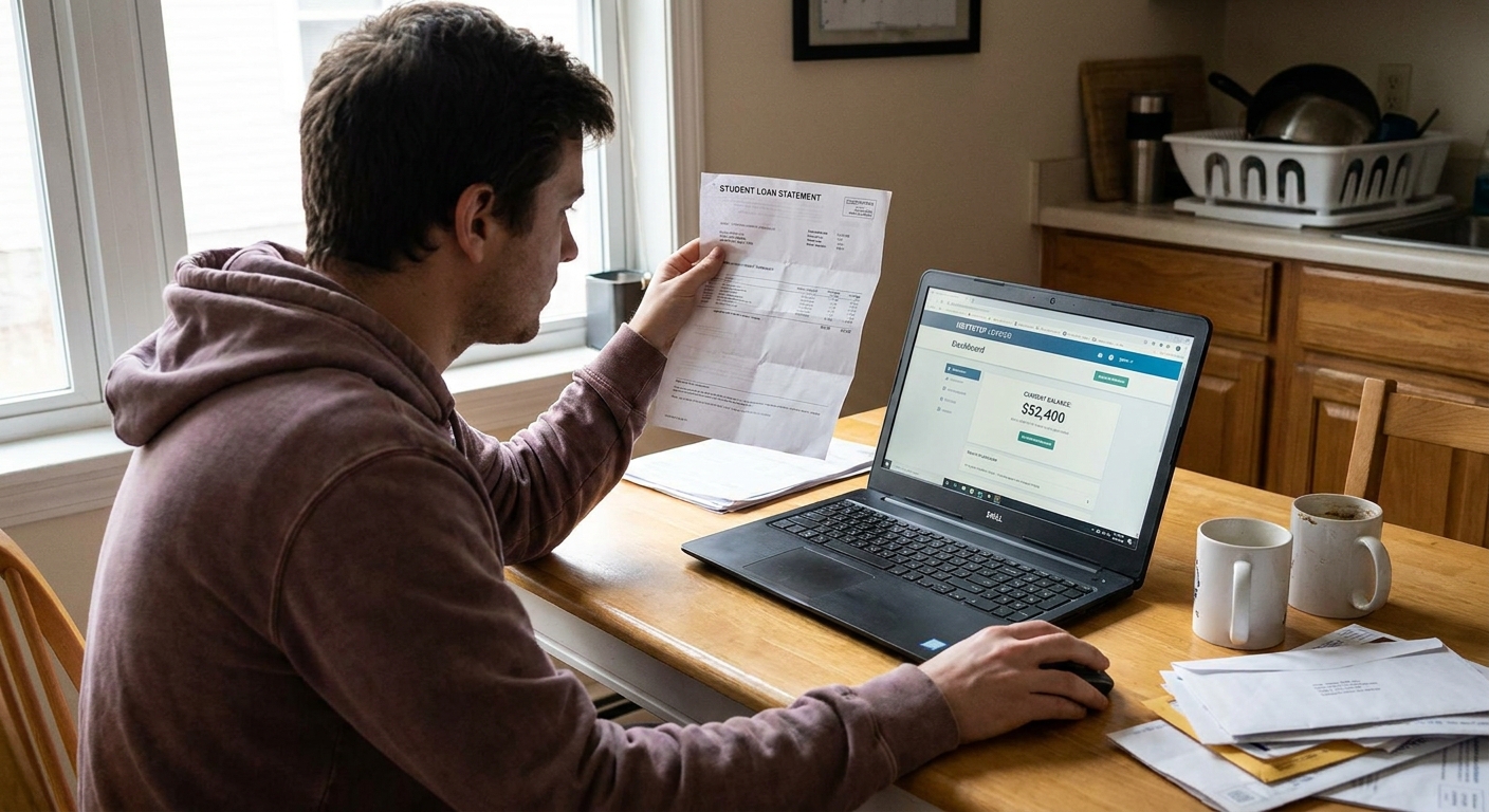 A person at home viewing a lender webpage on a laptop while holding a student loan statement, real-life photo