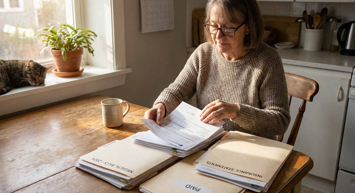 A person calmly organizing medical bills and insurance paperwork into folders on a kitchen table, soft morning light, realistic photography