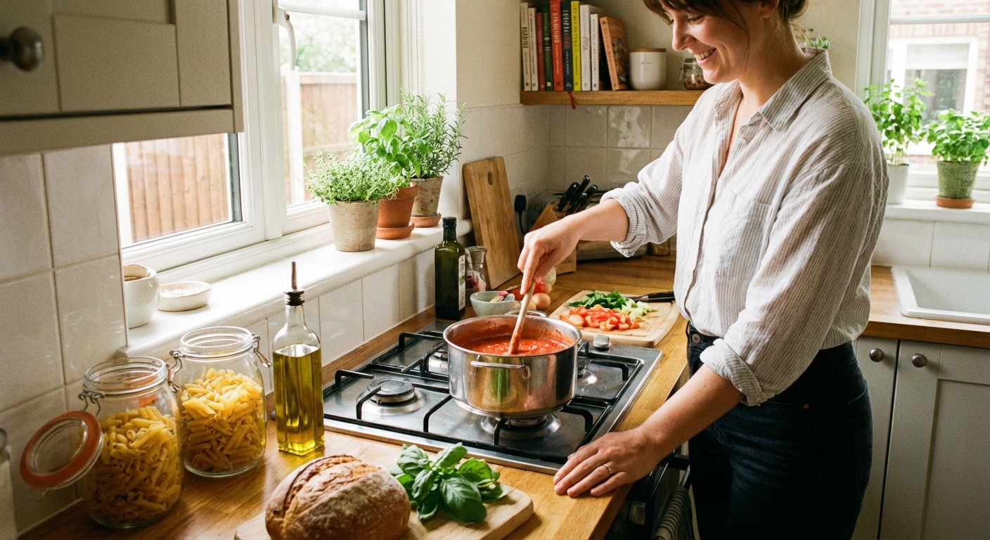 A person cooking a simple dinner at home in a tidy kitchen with pantry staples on the counter, realistic lifestyle photography