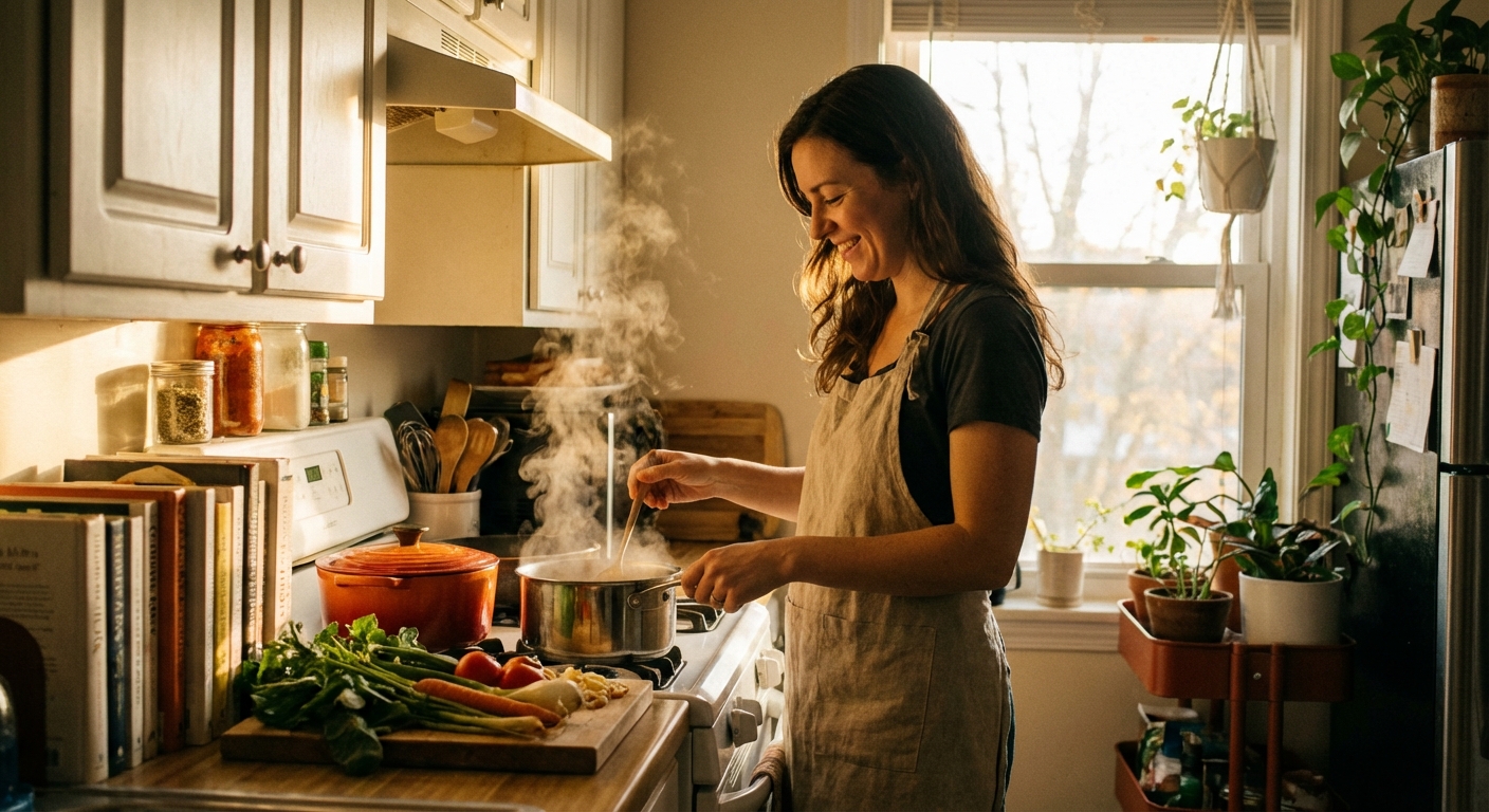 A person cooking a simple dinner in a small home kitchen in warm evening light
