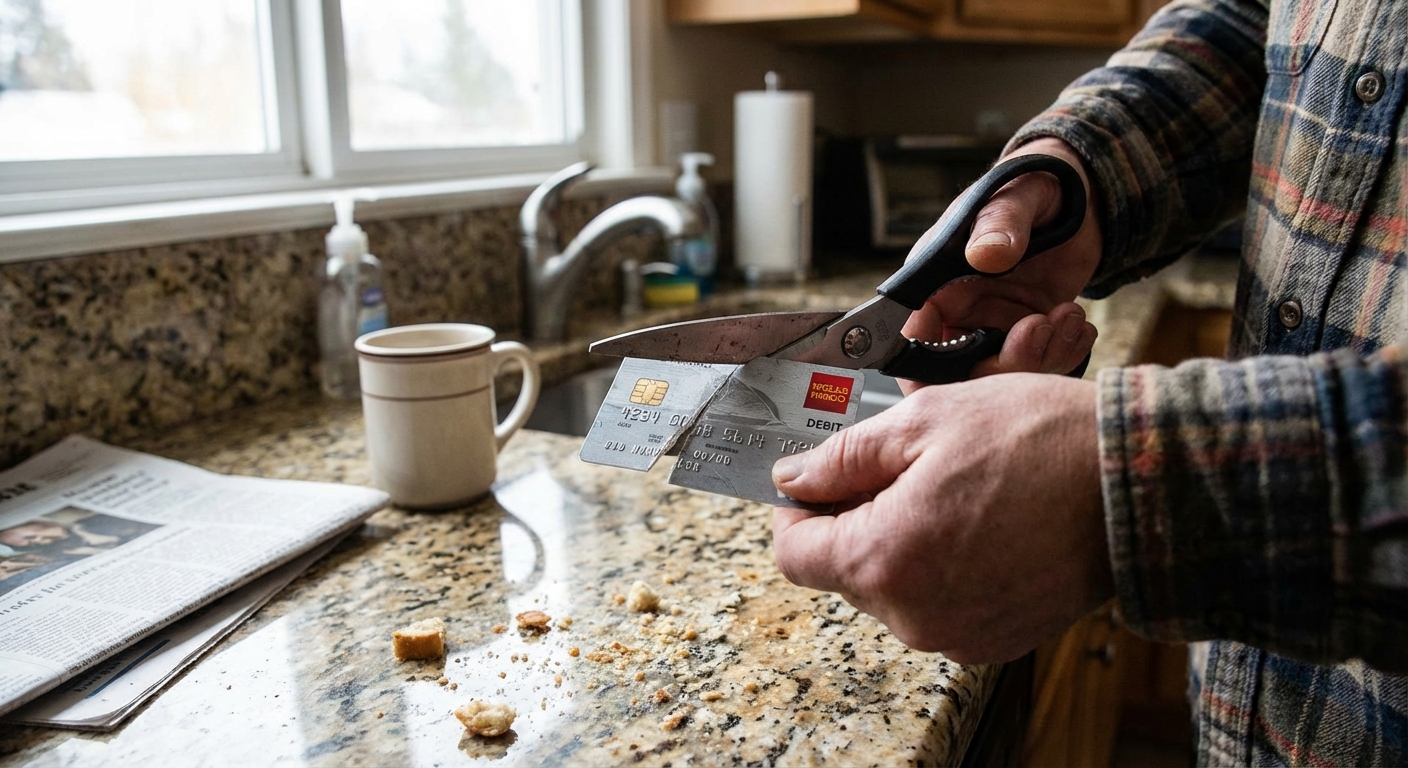 A person cutting an old debit card with scissors on a countertop, real photo