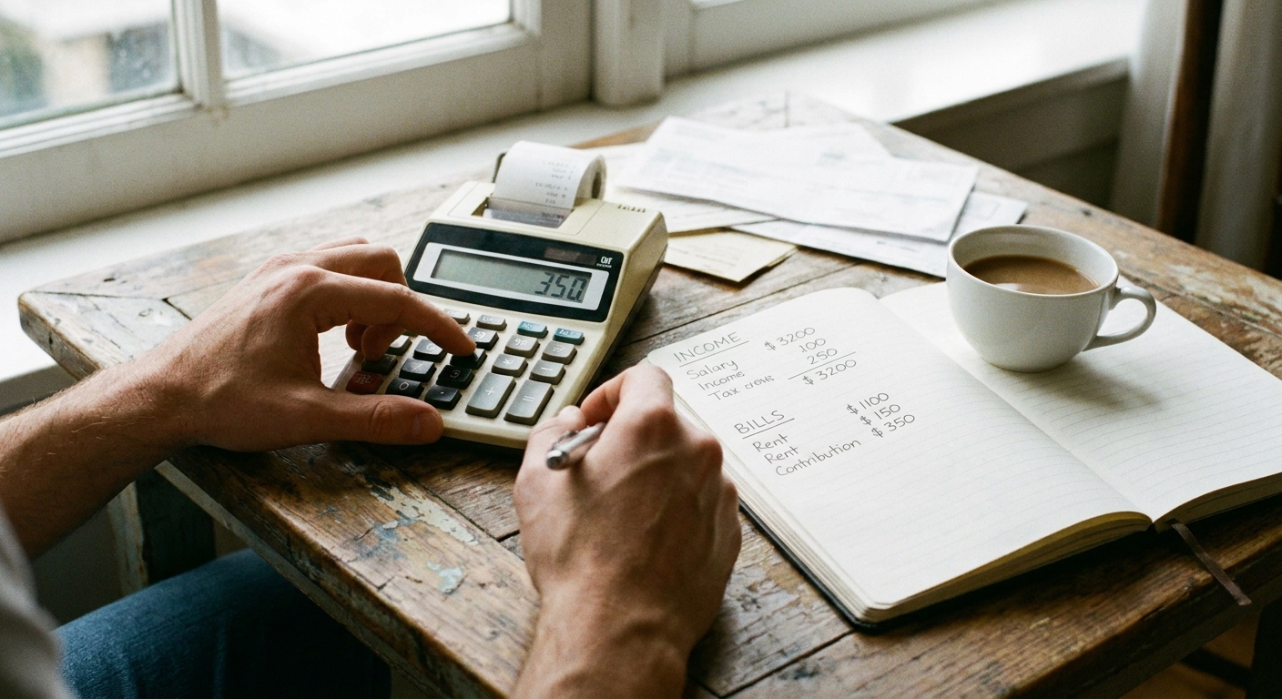 A person entering monthly contribution numbers into a calculator beside a notebook listing income and bills