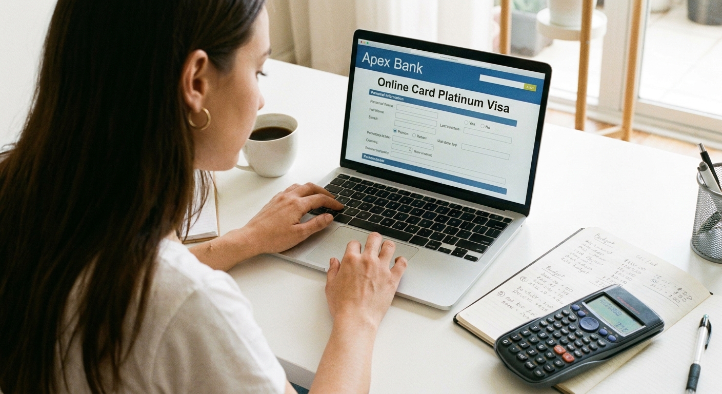 A person filling out an online credit card application on a laptop with a calculator and a notebook open on the desk