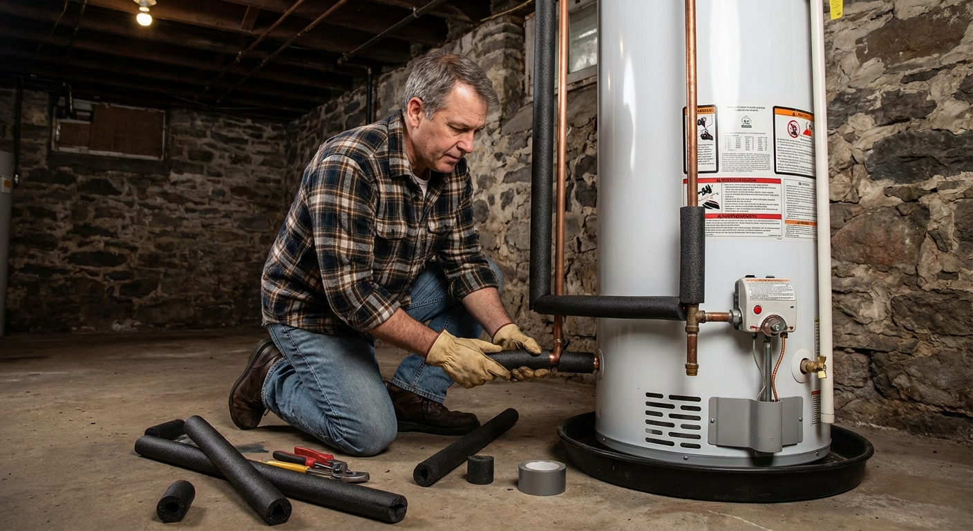 A person fitting foam insulation sleeves around exposed hot water pipes near a water heater in a basement, realistic home photo