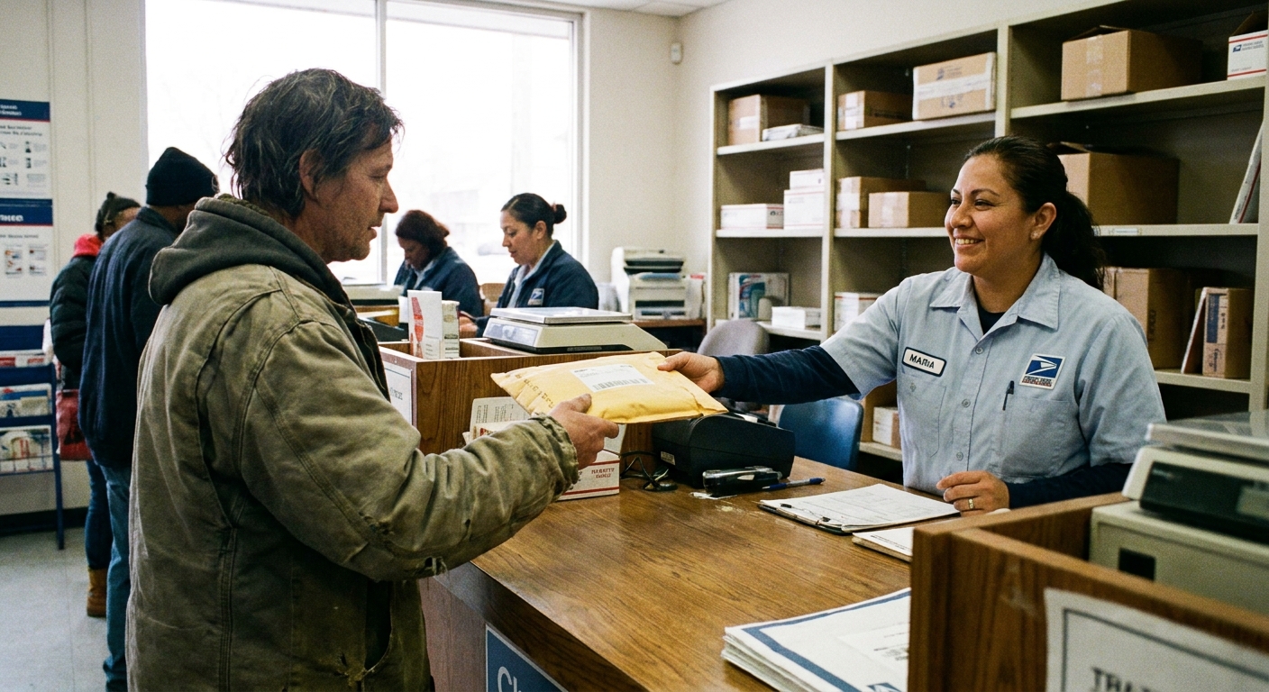 A person handing an envelope to a postal worker at a post office counter, realistic photo