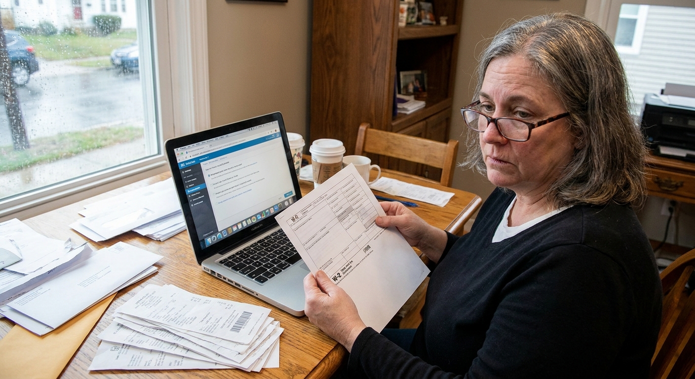 A person holding a W-2 tax form while sitting at a desk at home, with a laptop open and paperwork spread out, realistic photo