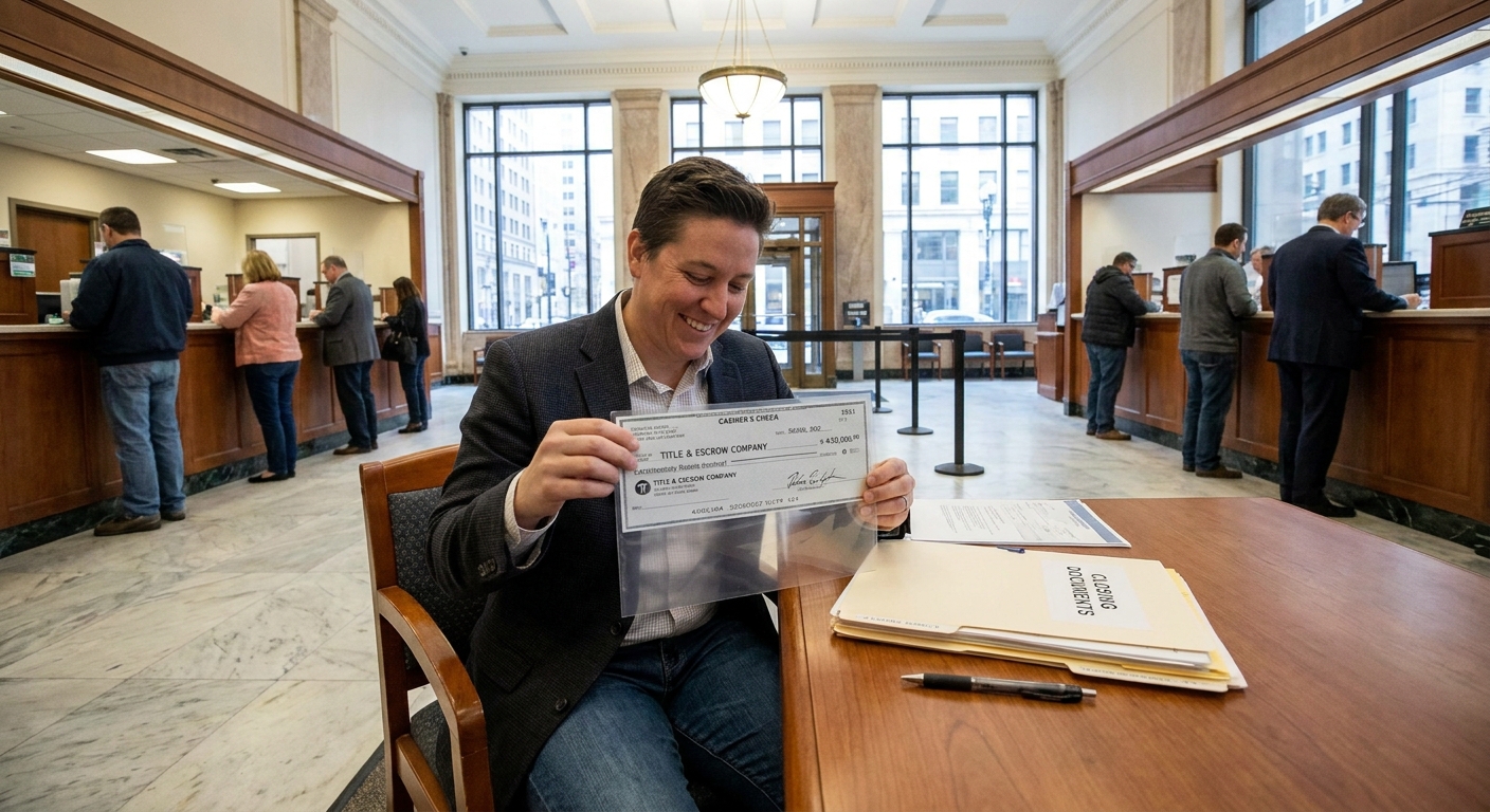 A person holding a cashier's check inside a bank lobby, preparing funds for a home closing, realistic photo