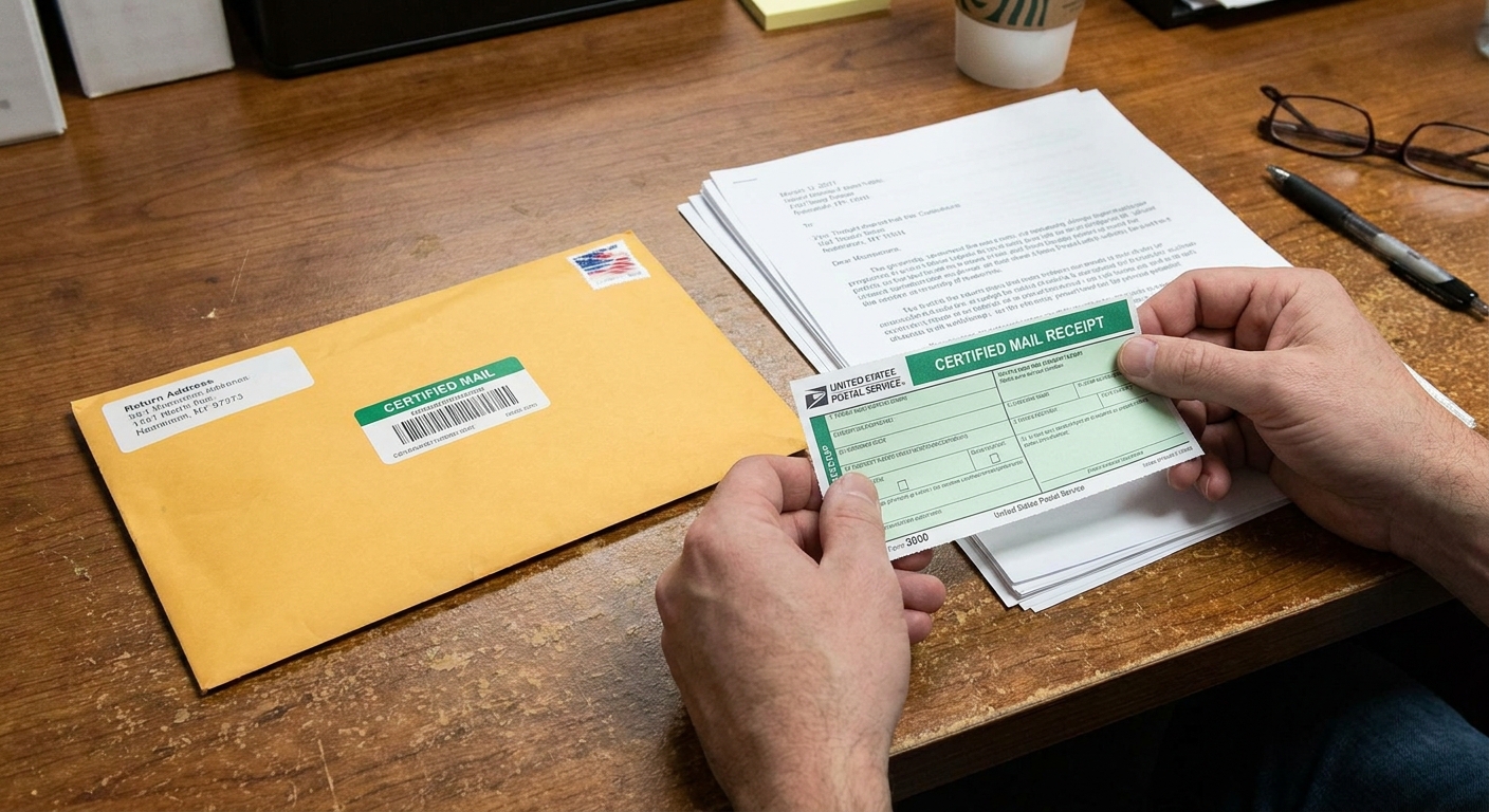 A person holding a certified mail receipt next to a sealed envelope and printed documents on a wooden desk, real-life photo
