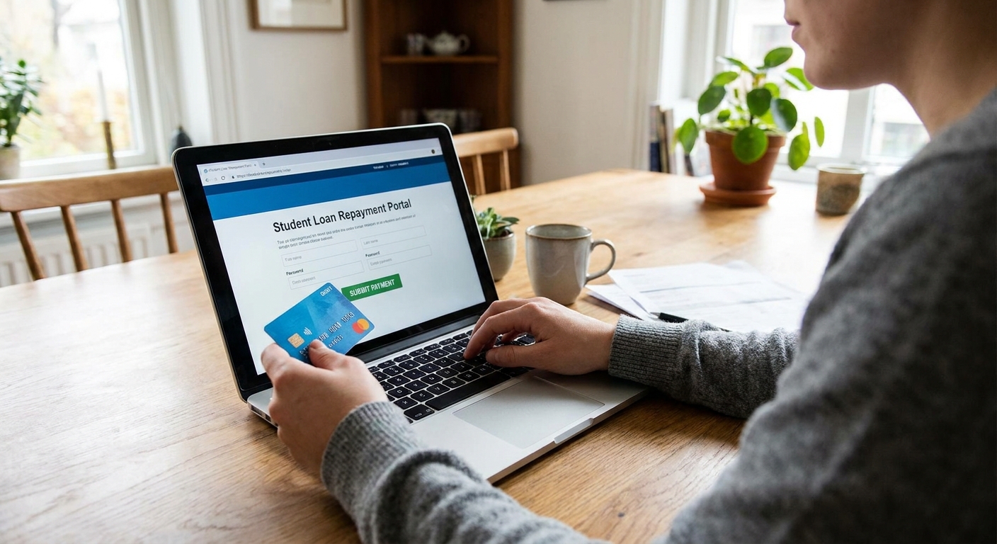 A person holding a debit card while submitting an online student loan payment on a laptop at a dining table, real photography style