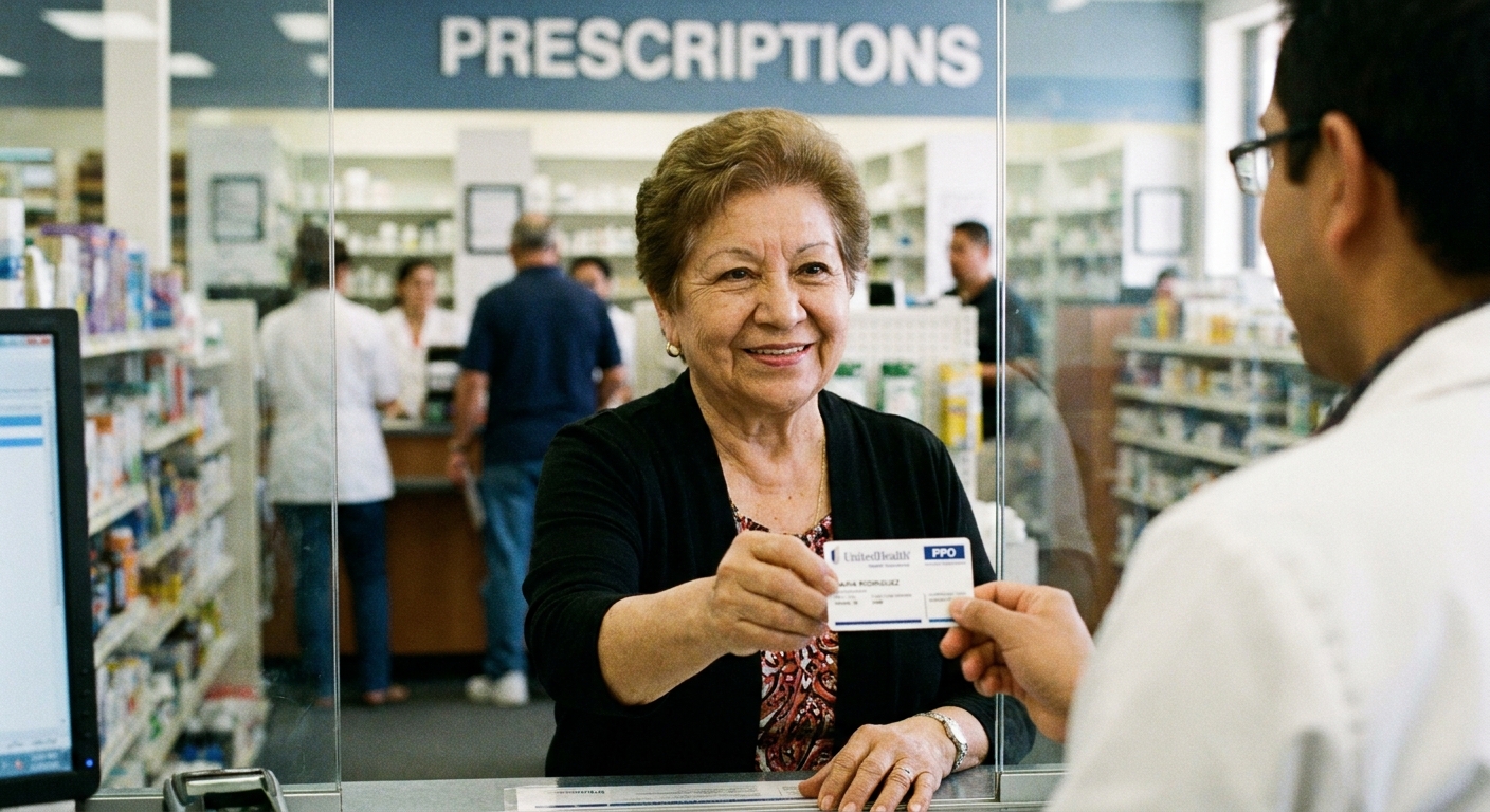 A person holding a health insurance card while standing at a pharmacy counter, with the background softly out of focus