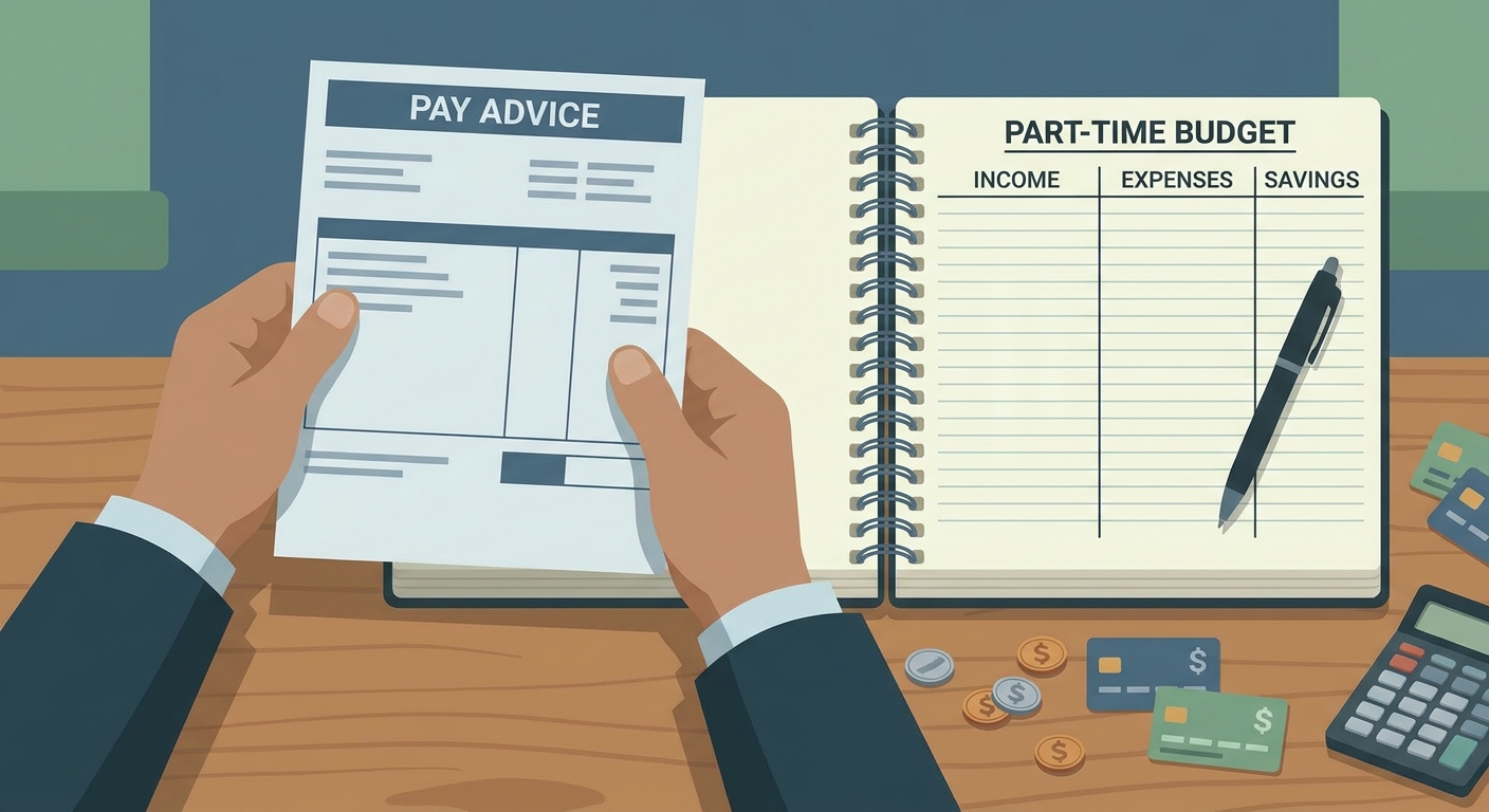 A person holding a paycheck stub over a desk with a budgeting notebook and a pen, representing part-time work income tracking