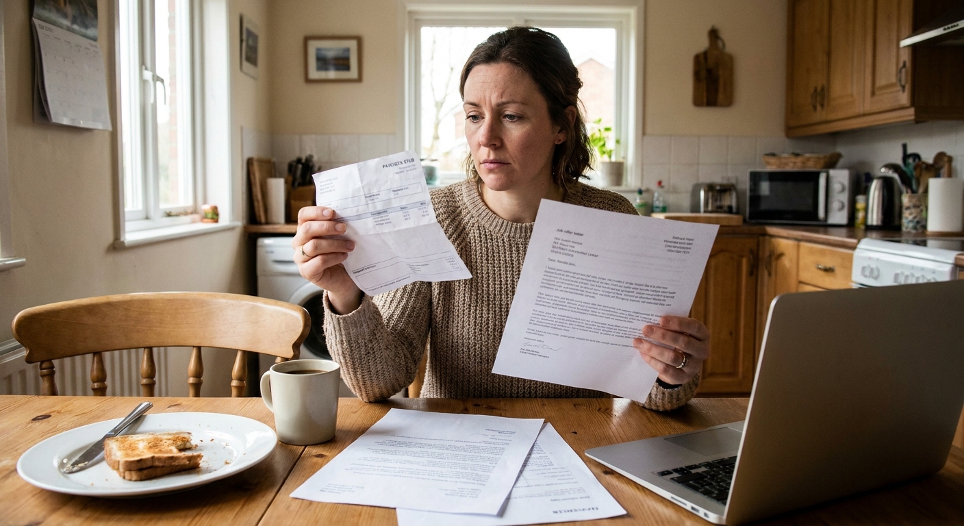 A person holding a paycheck stub while reviewing a job offer letter at a dining table, realistic indoor photo