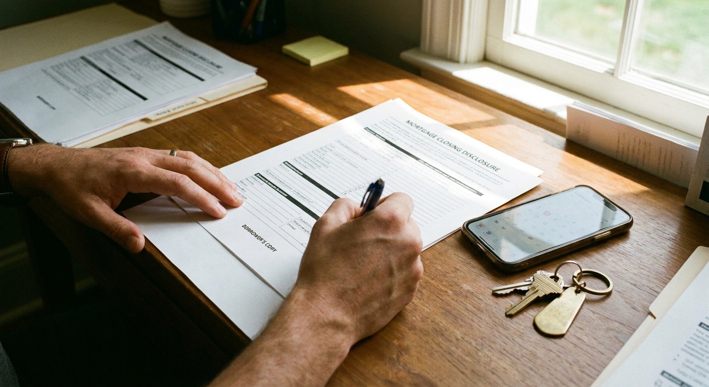 A person holding a pen over mortgage closing paperwork on a desk with a smartphone and house keys nearby, realistic photography style