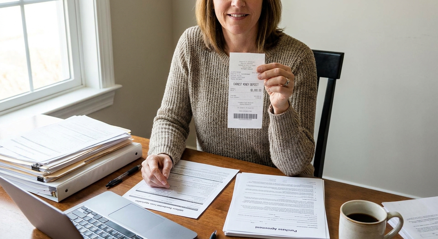 A person holding a printed receipt for an earnest money deposit while sitting at a desk with mortgage paperwork, realistic photo