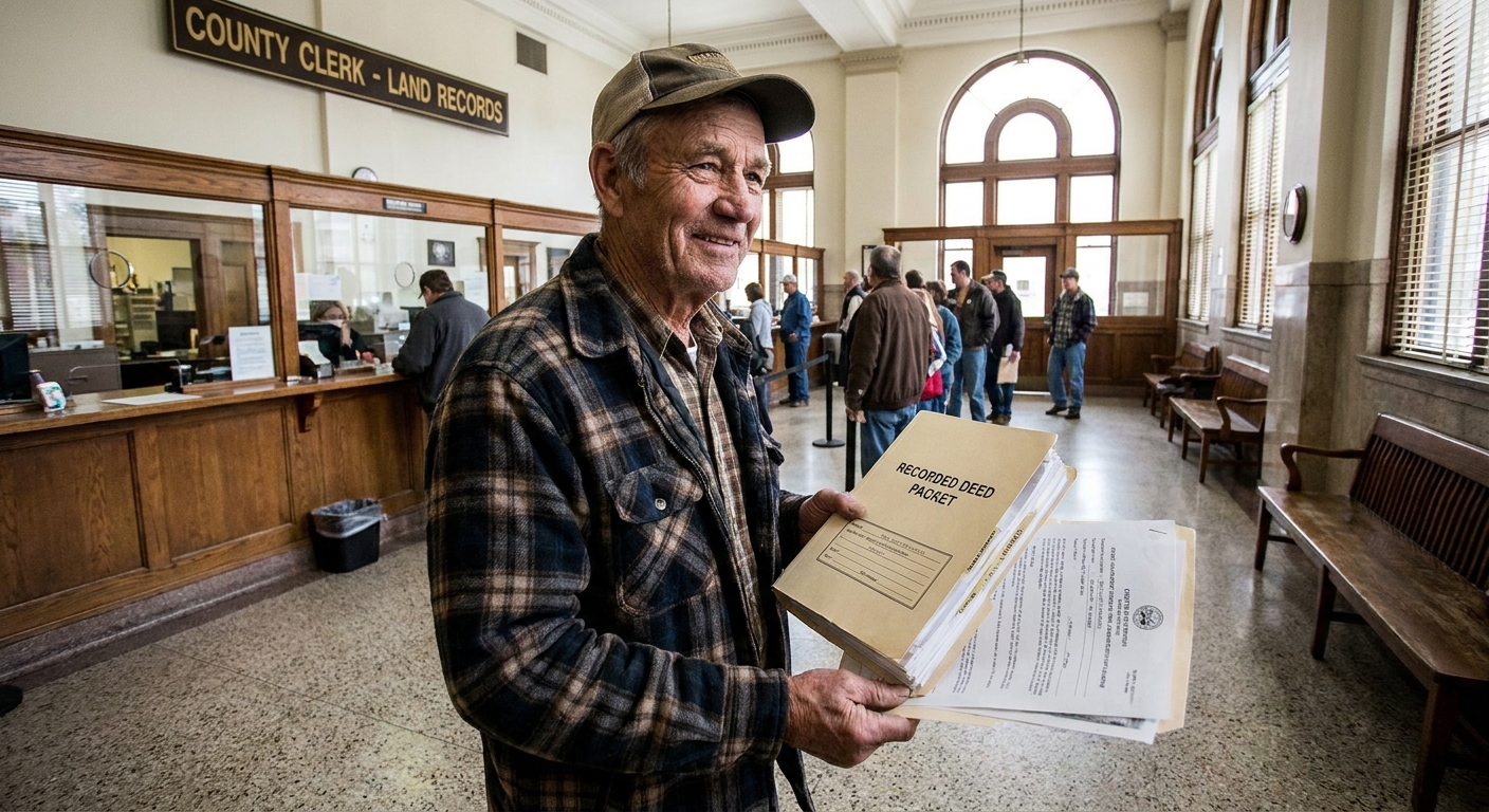 A person holding a recorded deed packet and property documents inside a county records office lobby, real photography style