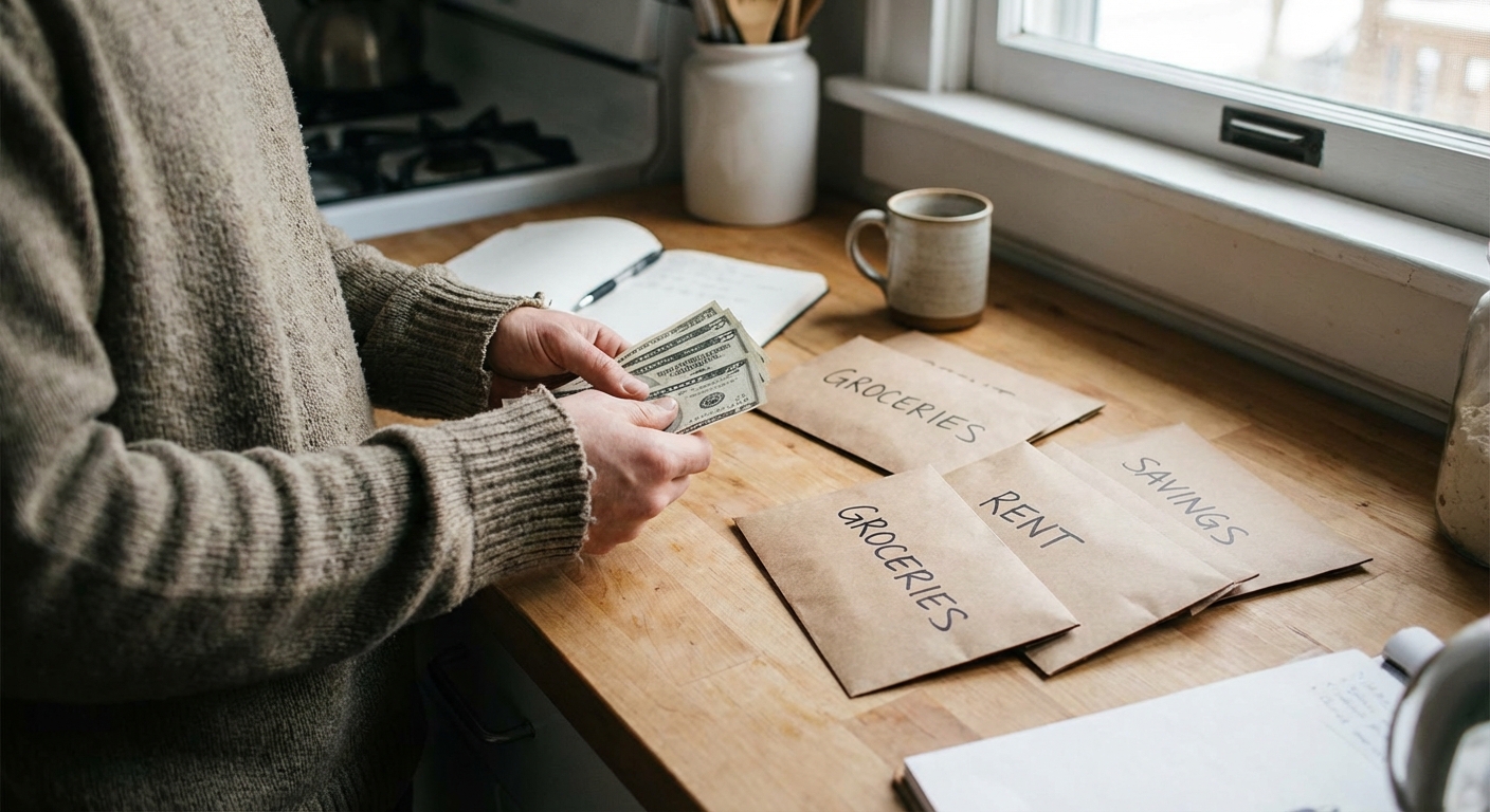 A person holding a small stack of cash next to labeled envelopes on a kitchen counter, realistic budgeting photo