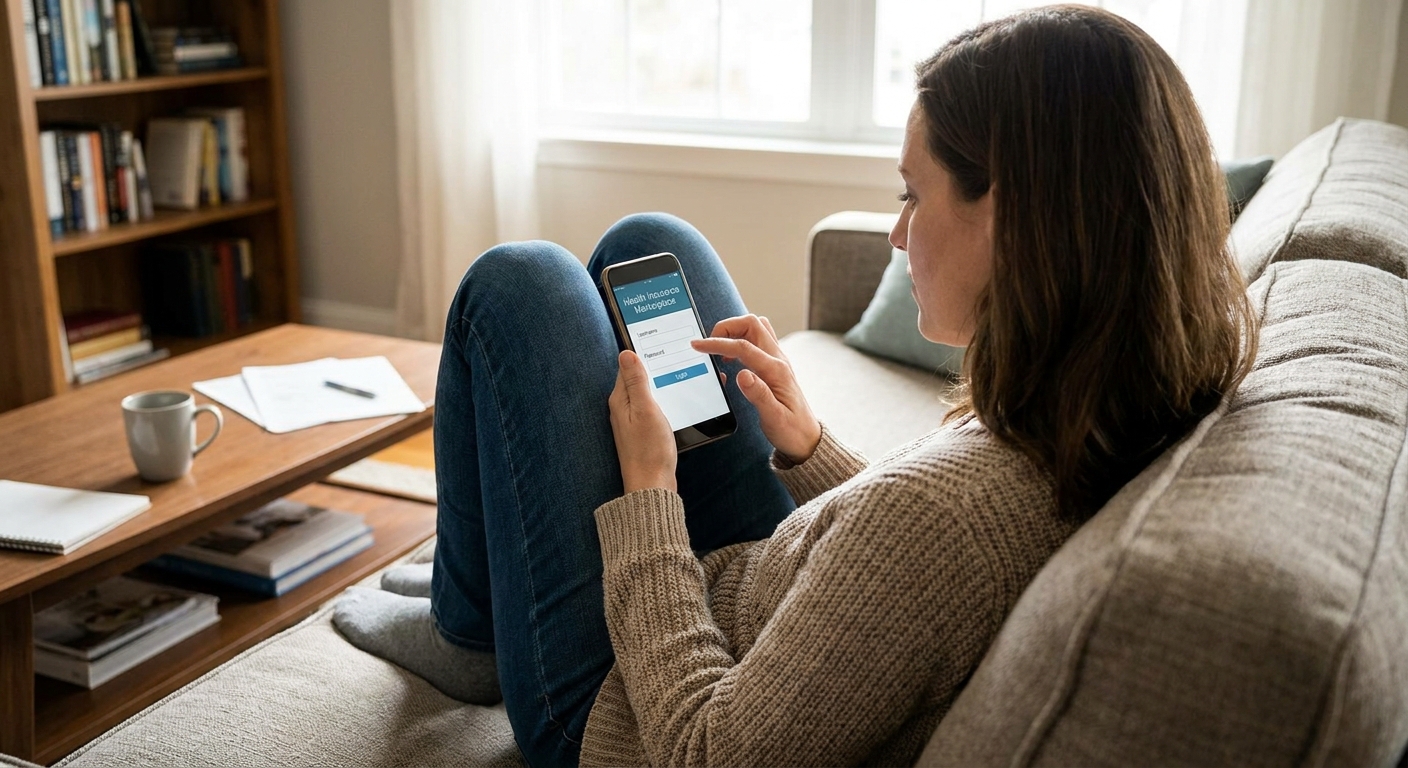 A person holding a smartphone and logging into a health insurance Marketplace account while sitting on a couch at home, realistic photo