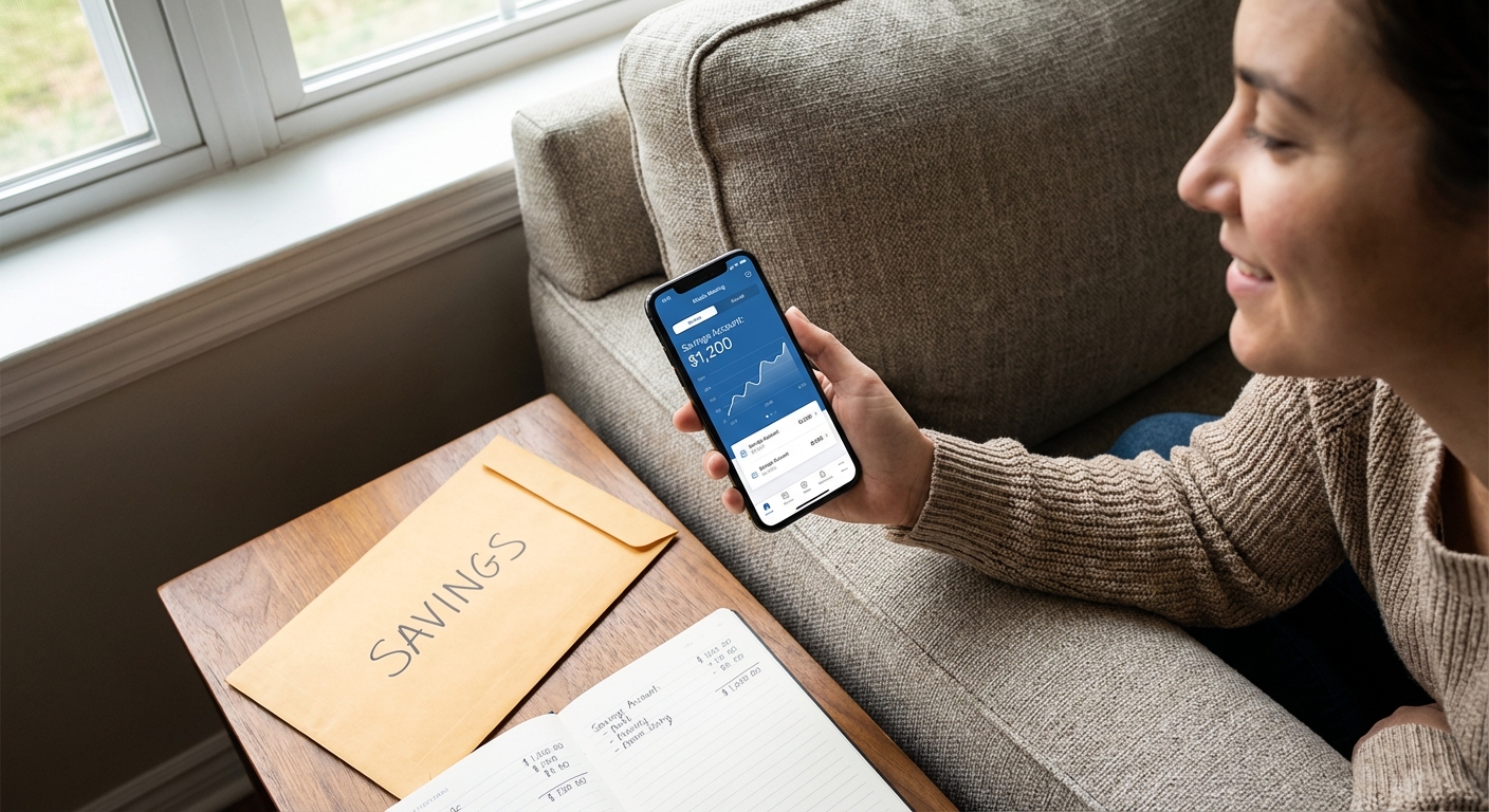 A person holding a smartphone banking app open while sitting on a couch, with a savings envelope and a notebook nearby, realistic photo