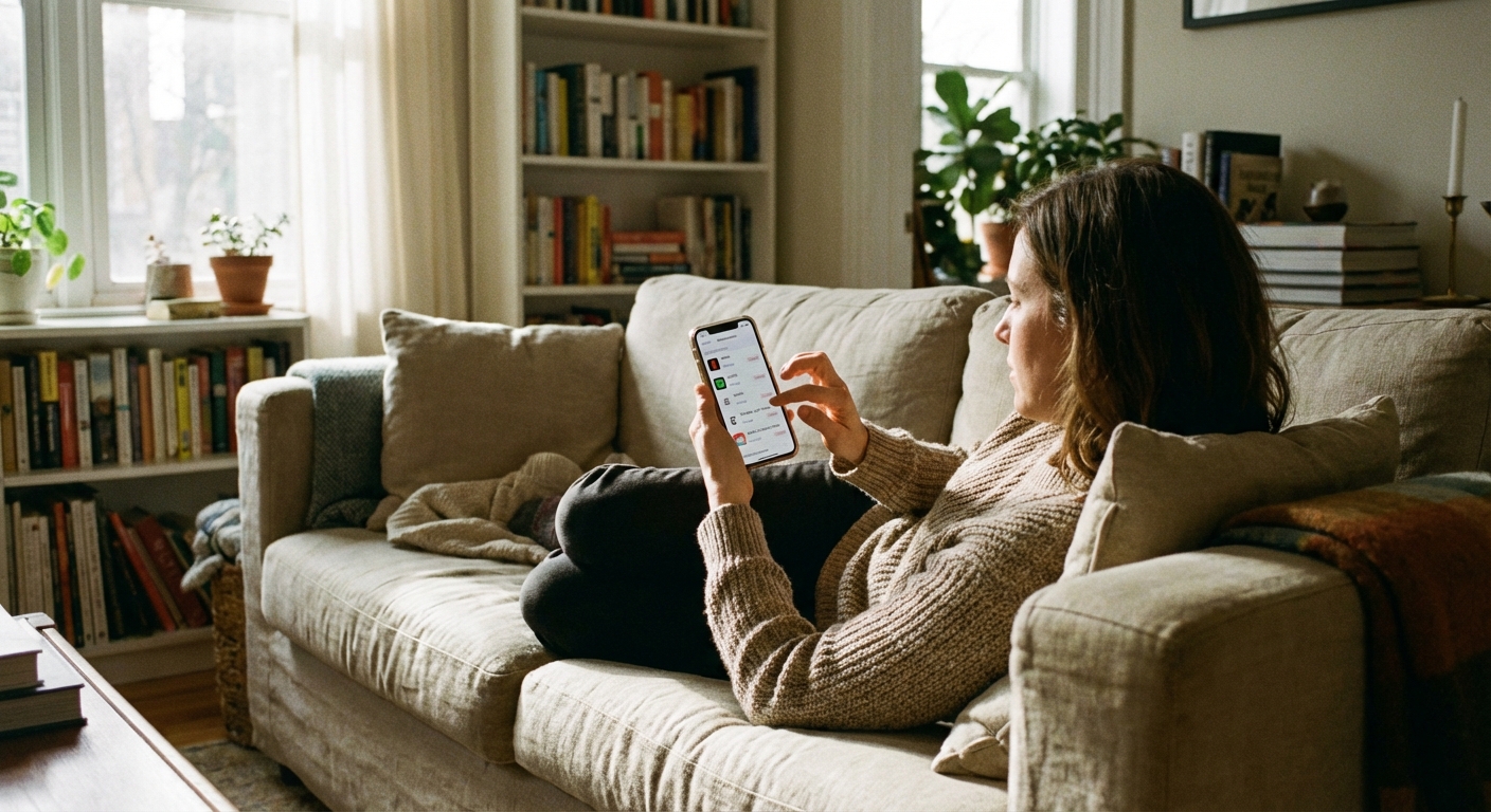 A person holding a smartphone open to the subscriptions settings screen while sitting on a couch at home, natural light photo