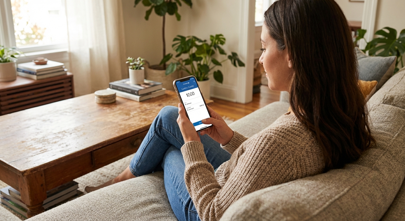A person holding a smartphone showing a banking app transfer screen while sitting on a couch at home, realistic photography style