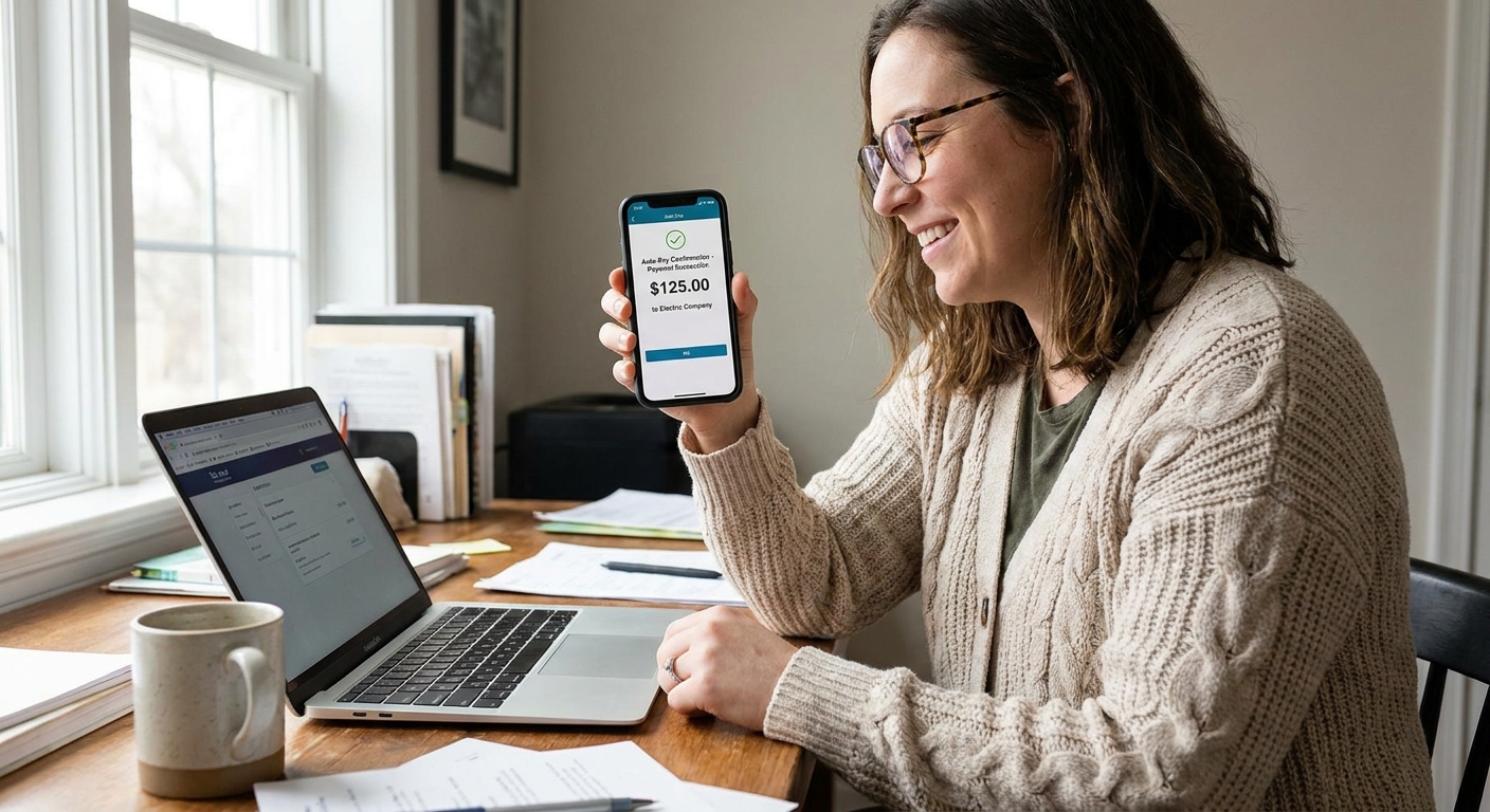 A person holding a smartphone showing an auto-pay confirmation screen while sitting at a desk with a laptop, realistic photo