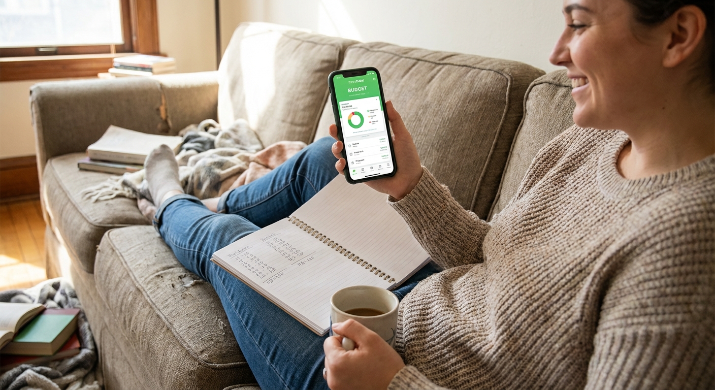 A person holding a smartphone showing the EveryDollar budgeting app while sitting on a living room couch with a notebook on their lap, candid lifestyle photo