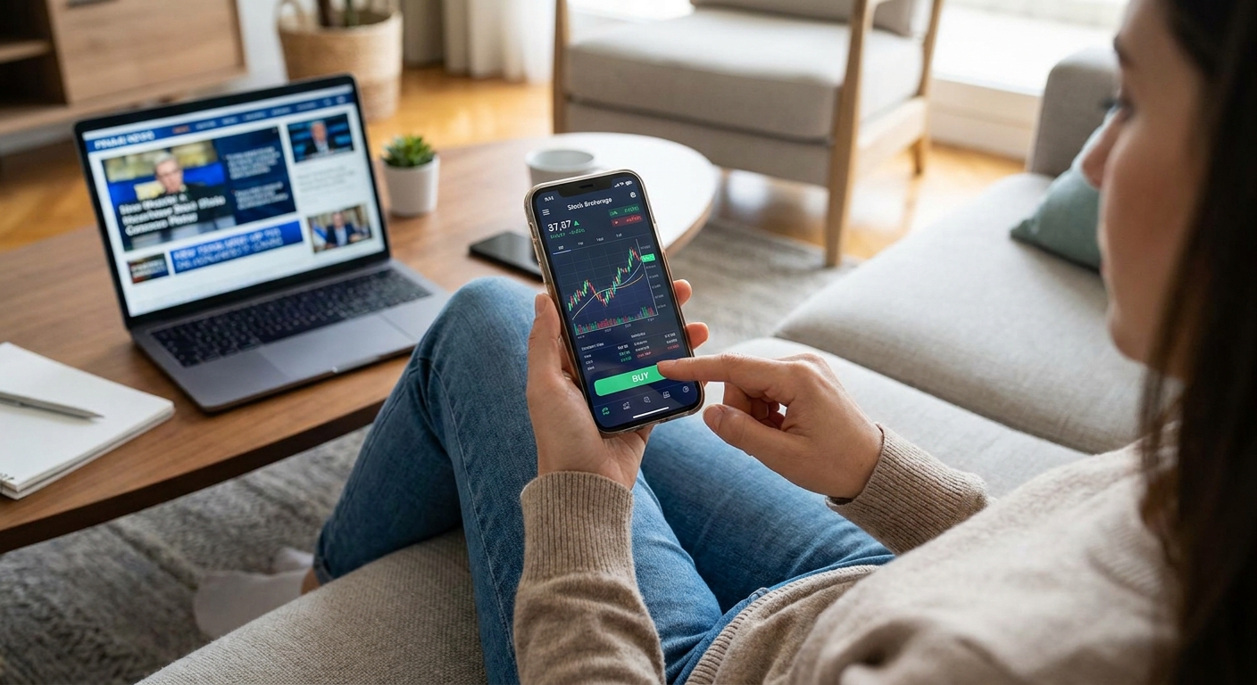 A person holding a smartphone while placing a stock trade in a brokerage app at home, realistic photo